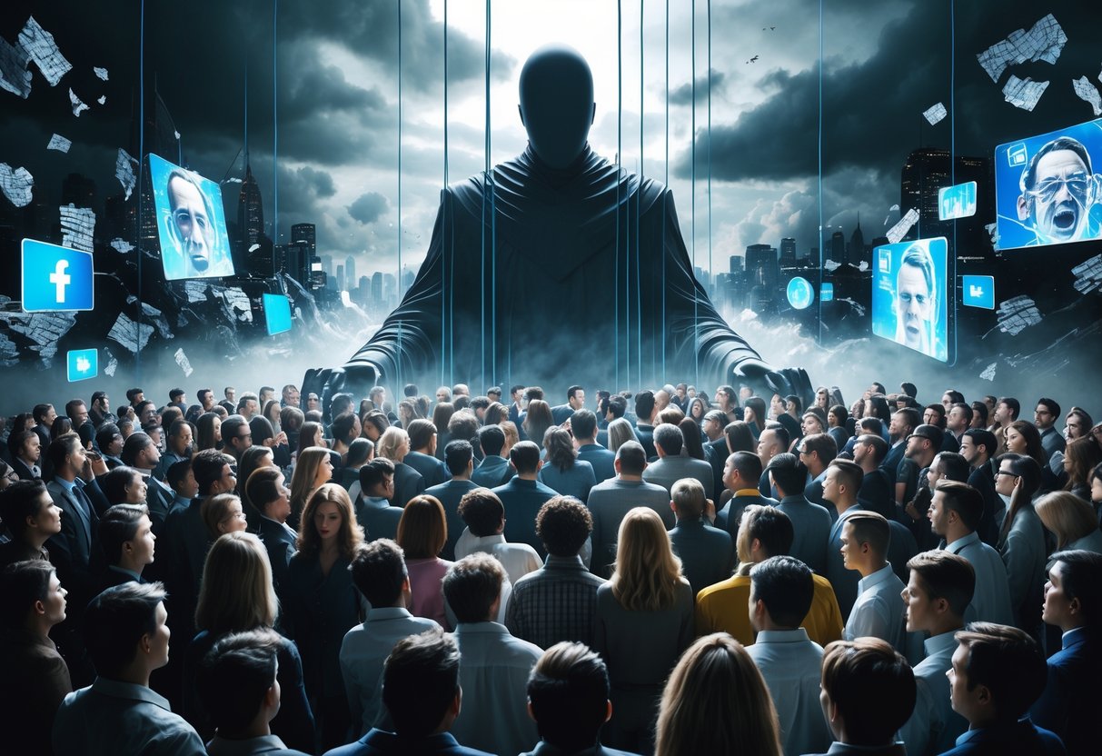A large shadowy figure controlling a crowd of diverse people with glowing strings, surrounded by dark clouds and symbols of media influence.