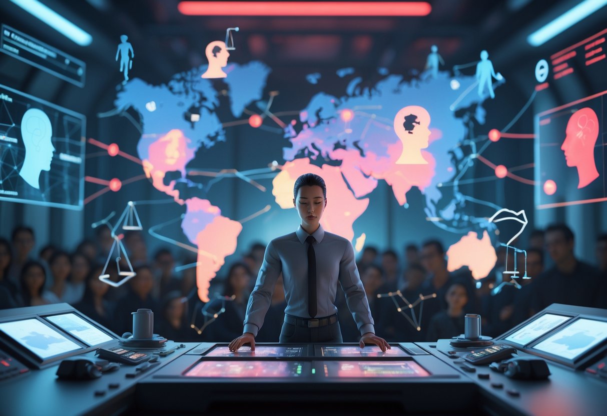 A person stands in a futuristic control room with holographic displays showing fragmented heads, neural networks, and symbolic scales, surrounded by a blurred crowd of diverse faces.
