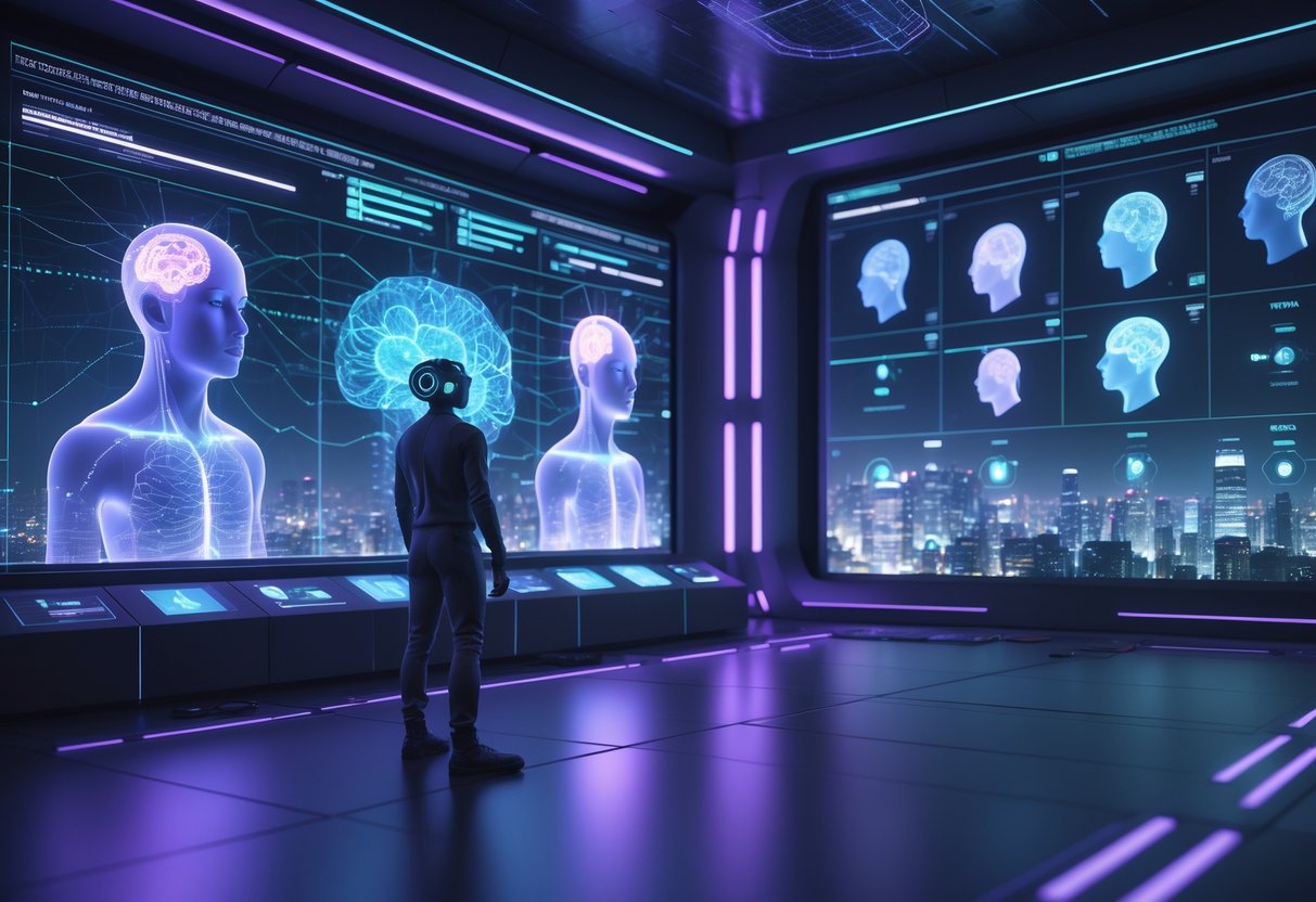 A futuristic room with a person wearing a neural headset interacting with floating holograms of brains and digital symbols, surrounded by glowing lights and a cityscape with digital effects.
