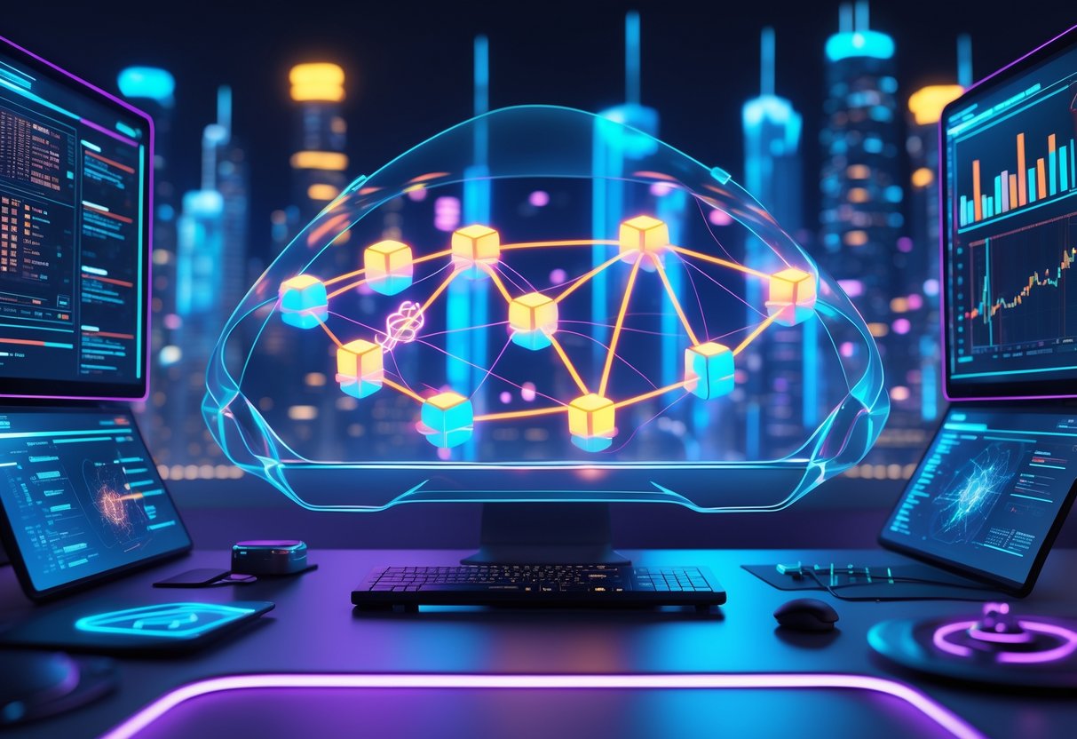 A futuristic digital workspace with holographic blockchain nodes connected by glowing lines above a modern desk, surrounded by digital screens displaying data and network maps.