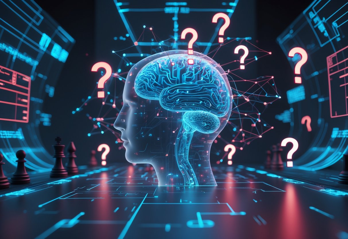 A futuristic war room with a glowing translucent human head showing a circuit-like brain, surrounded by swirling abstract shapes and holographic question marks, symbolising mental conflict and strategy.