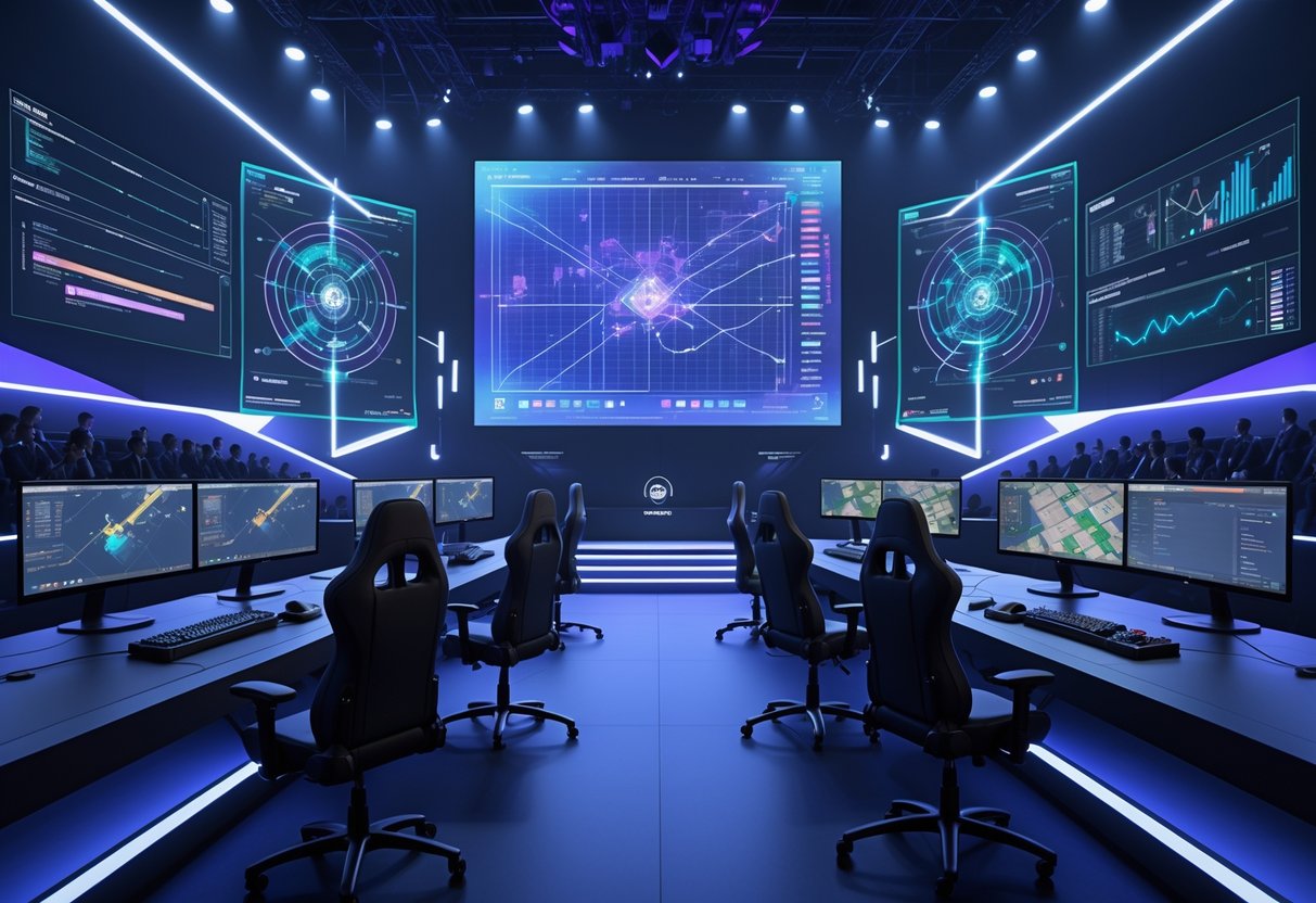 A professional esports tournament with two teams playing at gaming desks under a large screen showing strategic maps and player movements, with an attentive audience in the background.