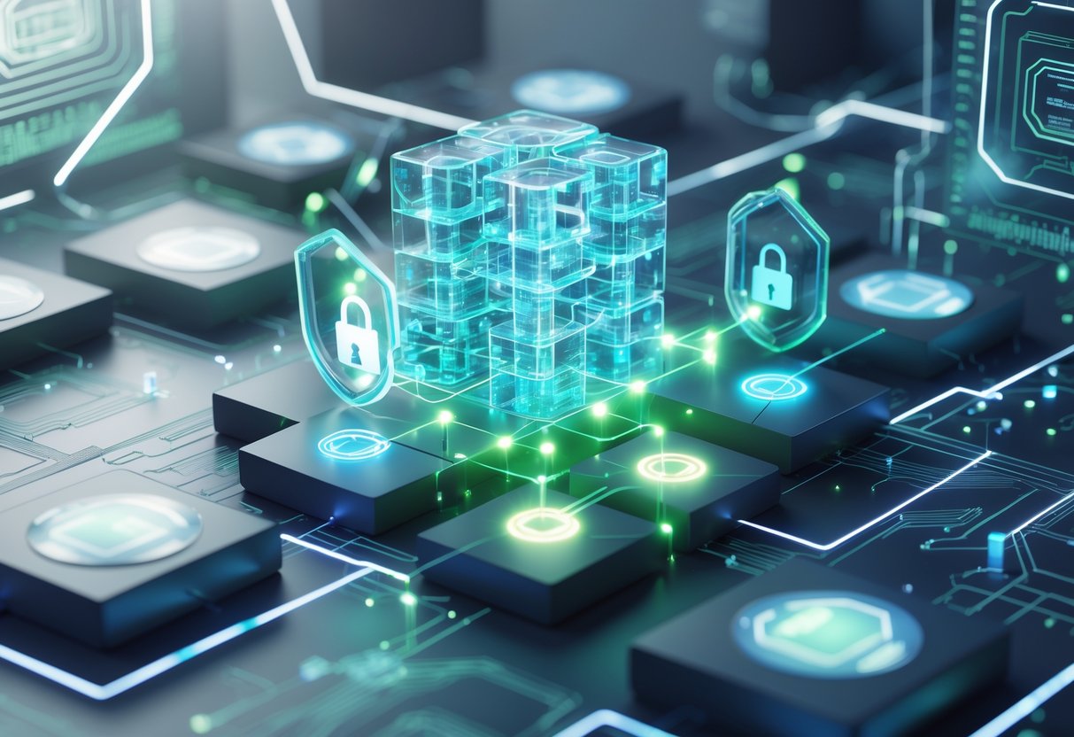 A 3D digital scene showing interconnected transparent blocks linked by glowing data streams, surrounded by holographic shields and padlocks symbolising data security and privacy in a blockchain network.