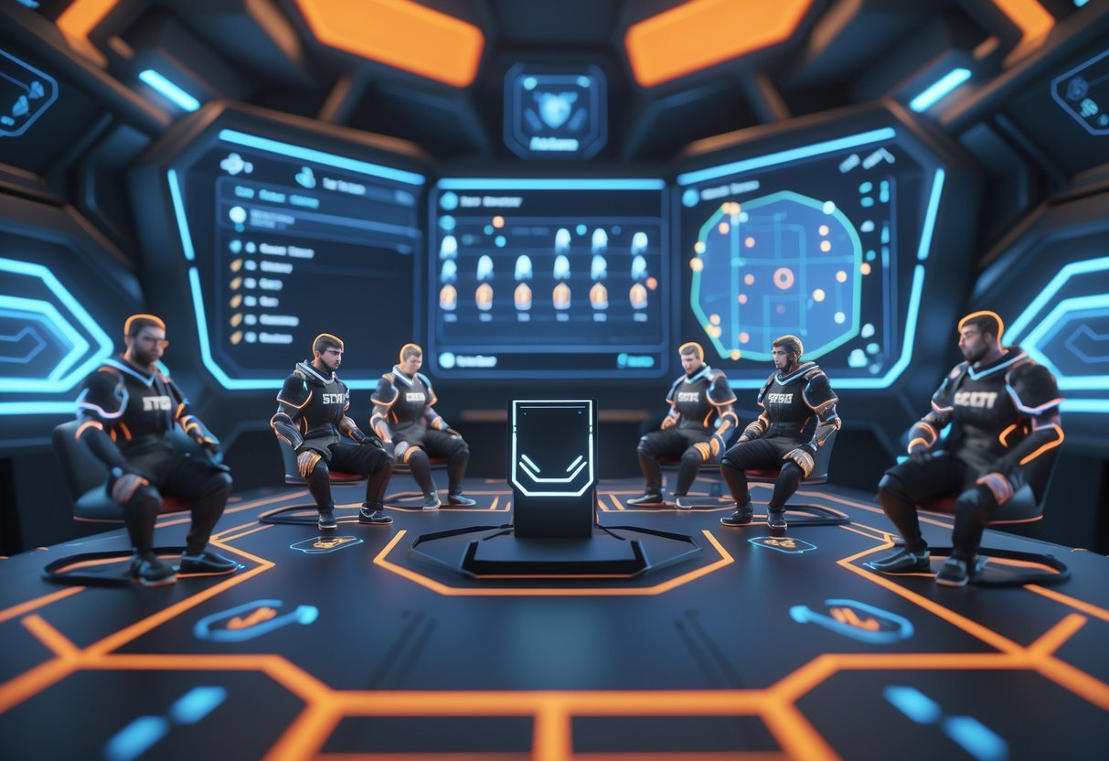 A 3D scene showing a digital command centre with holographic maps and character avatars representing different team roles preparing strategies.