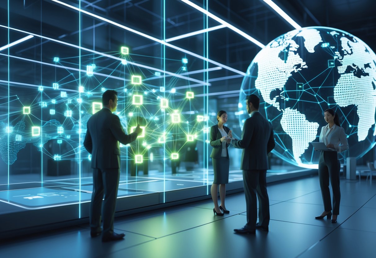 A modern office with professionals interacting with holographic blockchain networks represented by glowing cubes and data streams.