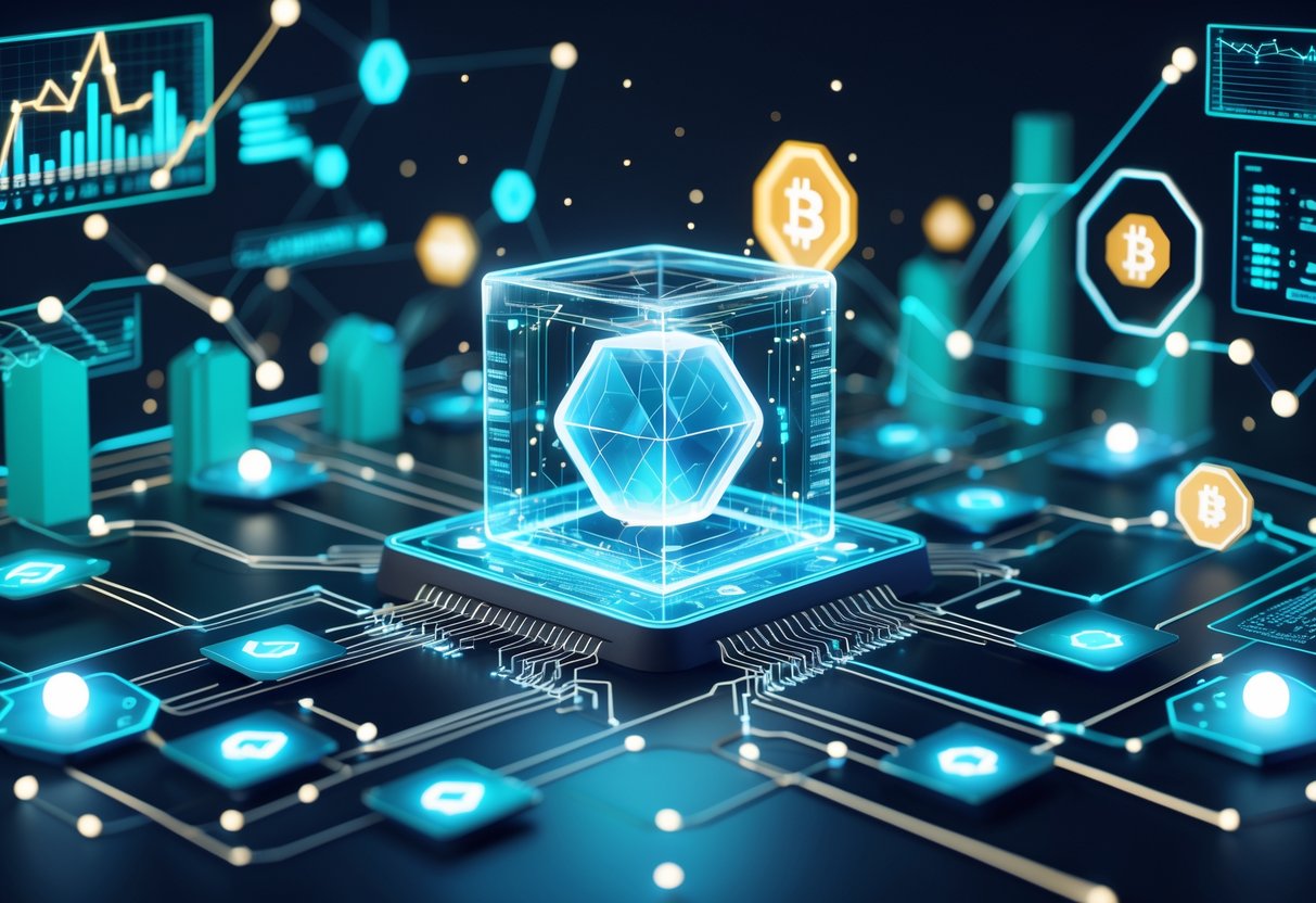 A 3D digital network with a glowing cube at the centre connected to multiple nodes and floating holographic charts and icons representing blockchain tokenisation and asset management.