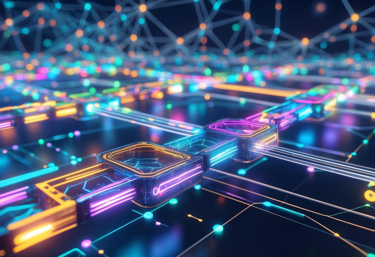 A 3D scene showing multiple glowing blockchain chains connected by luminous bridges within a digital network, symbolising cross-chain integration and interoperability.