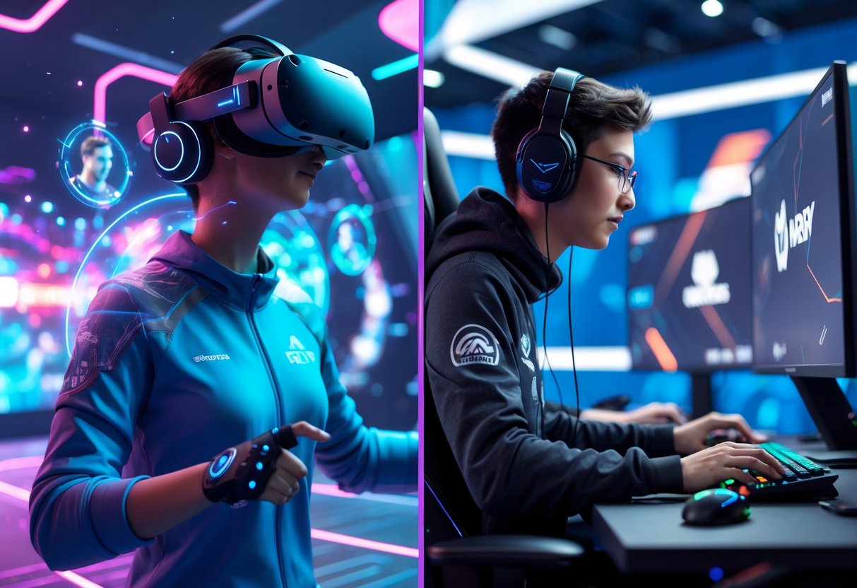 A split scene showing a VR esports player wearing a headset and controllers in a virtual arena on one side, and a traditional esports player using a keyboard and mouse at a gaming desk in a studio on the other side.