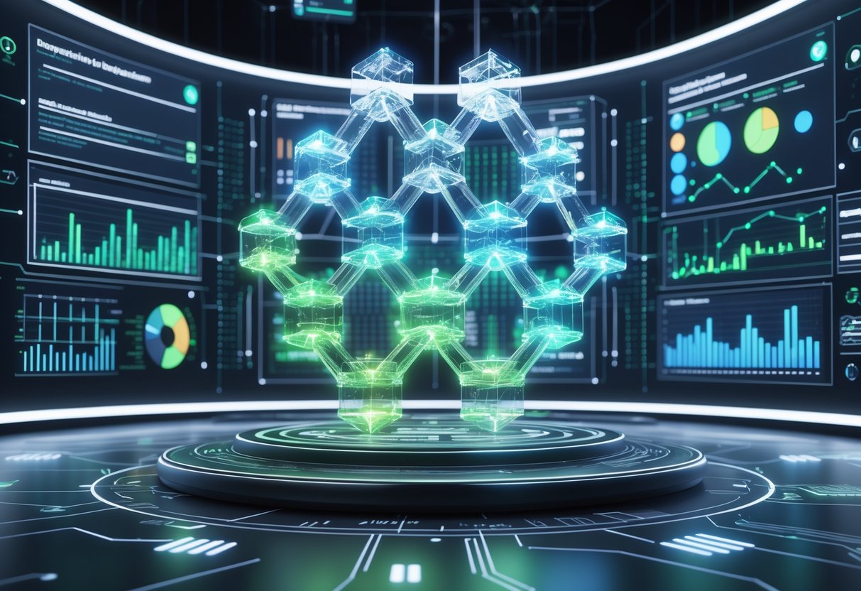 A futuristic digital control room showing holographic blockchain structures and data panels representing monitoring, optimisation, and scaling of blockchain applications.