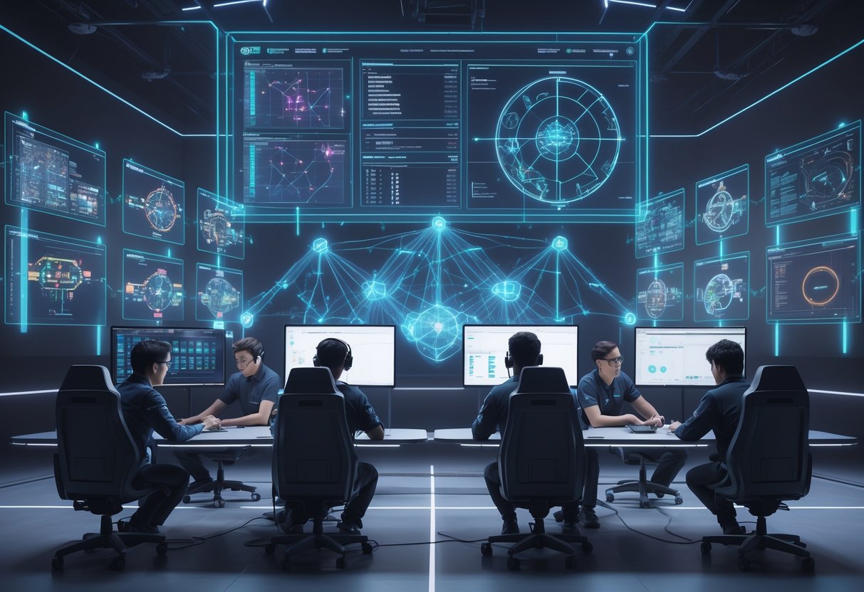 Esports players analysing holographic game strategies and data in a futuristic arena with glowing diagrams and a digital timeline showing the progression of tactics.