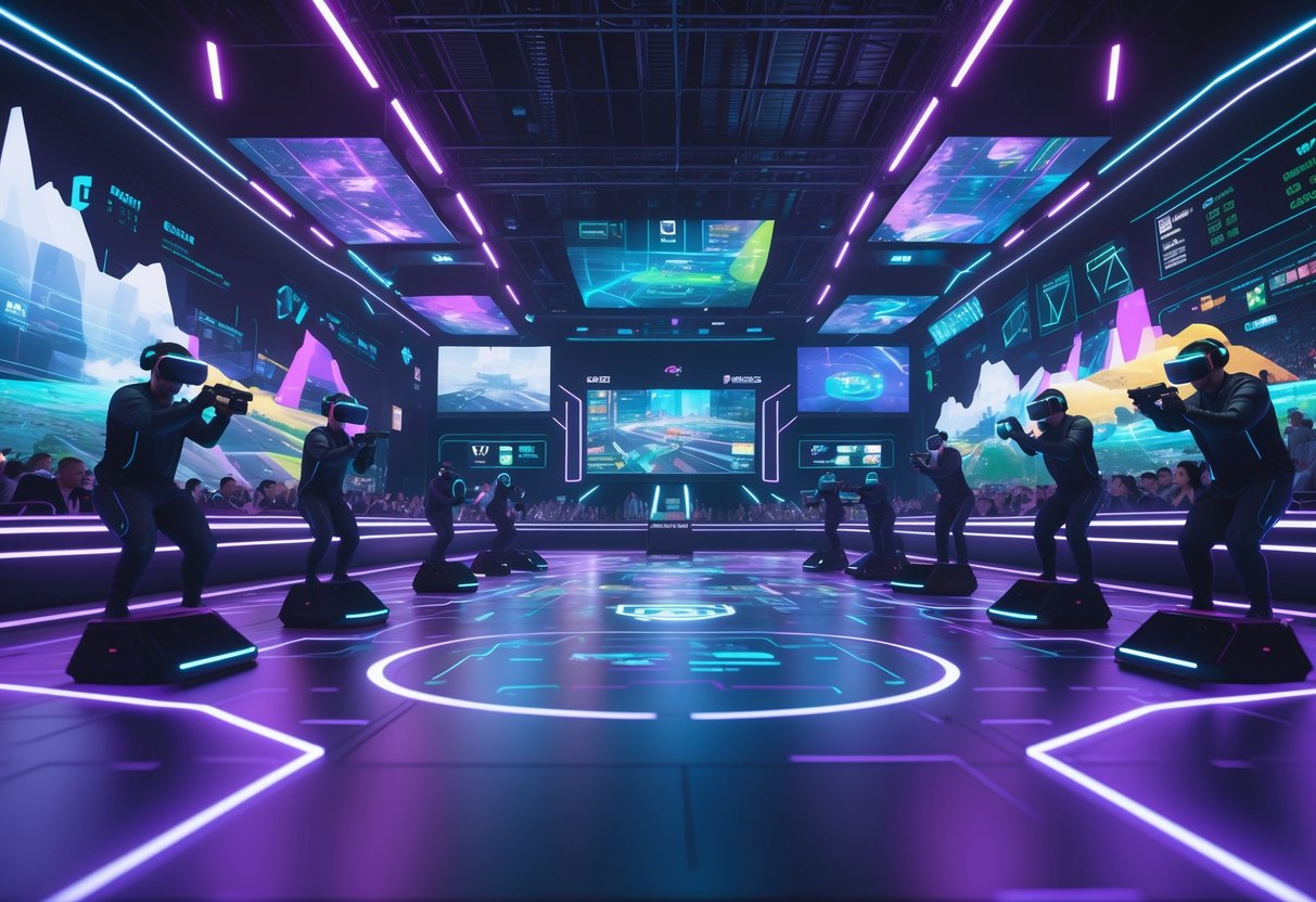 A futuristic VR esports arena with players wearing VR headsets competing intensely, surrounded by holographic displays and digital data.