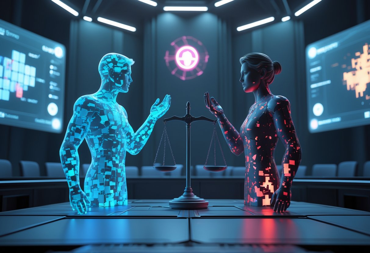 A futuristic courtroom scene with two opposing digital figures facing each other, surrounded by floating holograms and scales of justice, representing a debate about ethics and controversy.