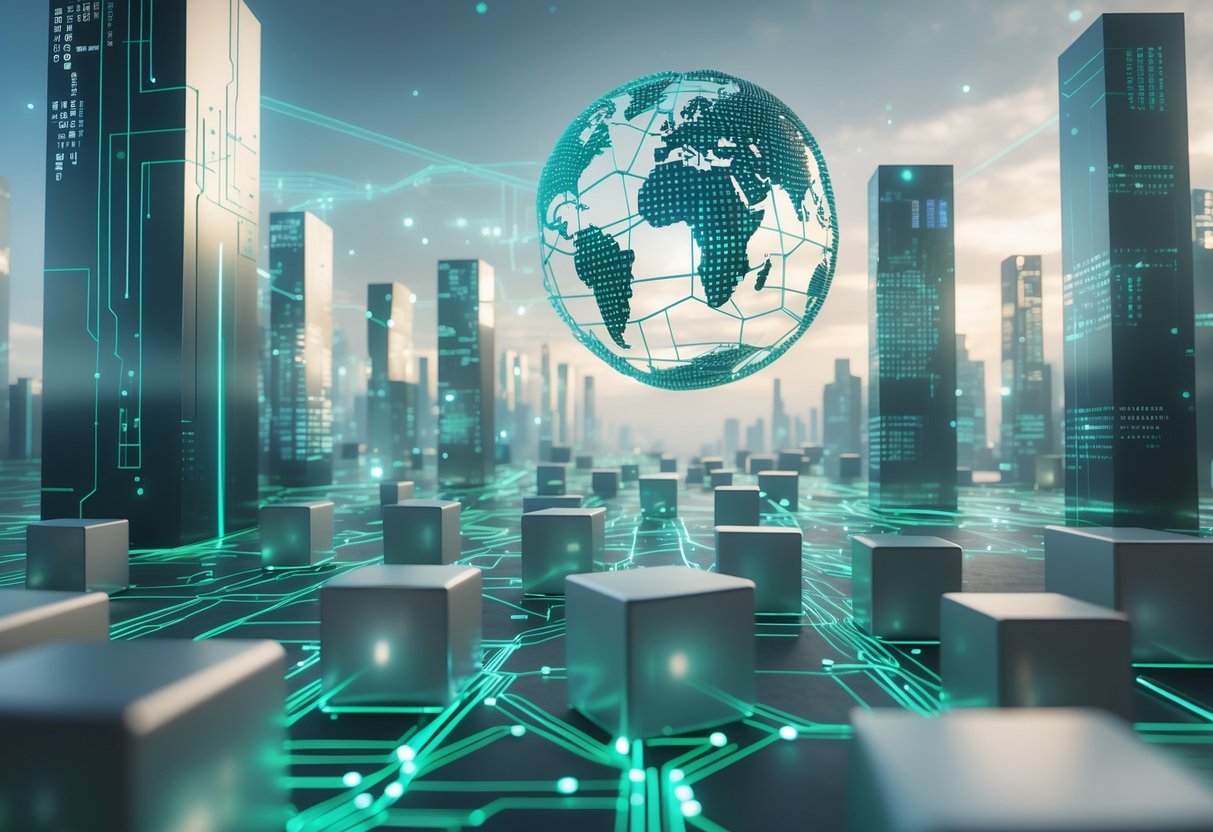 A futuristic digital city with floating interconnected blocks and glowing lines representing blockchain connections under a misty sky.