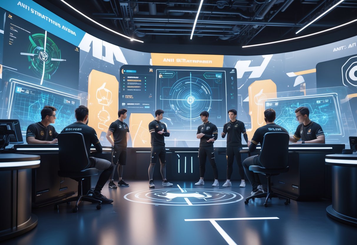 A 3D scene of esports players gathered around holographic displays in a futuristic arena, analysing game strategies together.