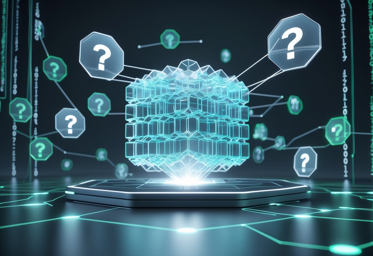 A 3D scene showing a glowing digital cube made of interlocking blocks surrounded by floating hexagonal nodes connected by light lines, with holographic question marks and information icons orbiting around it.