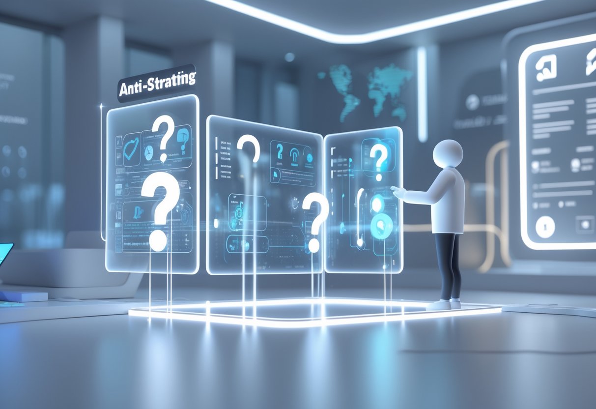 A futuristic help desk scene with a person interacting with floating holographic question and answer icons in a high-tech environment.