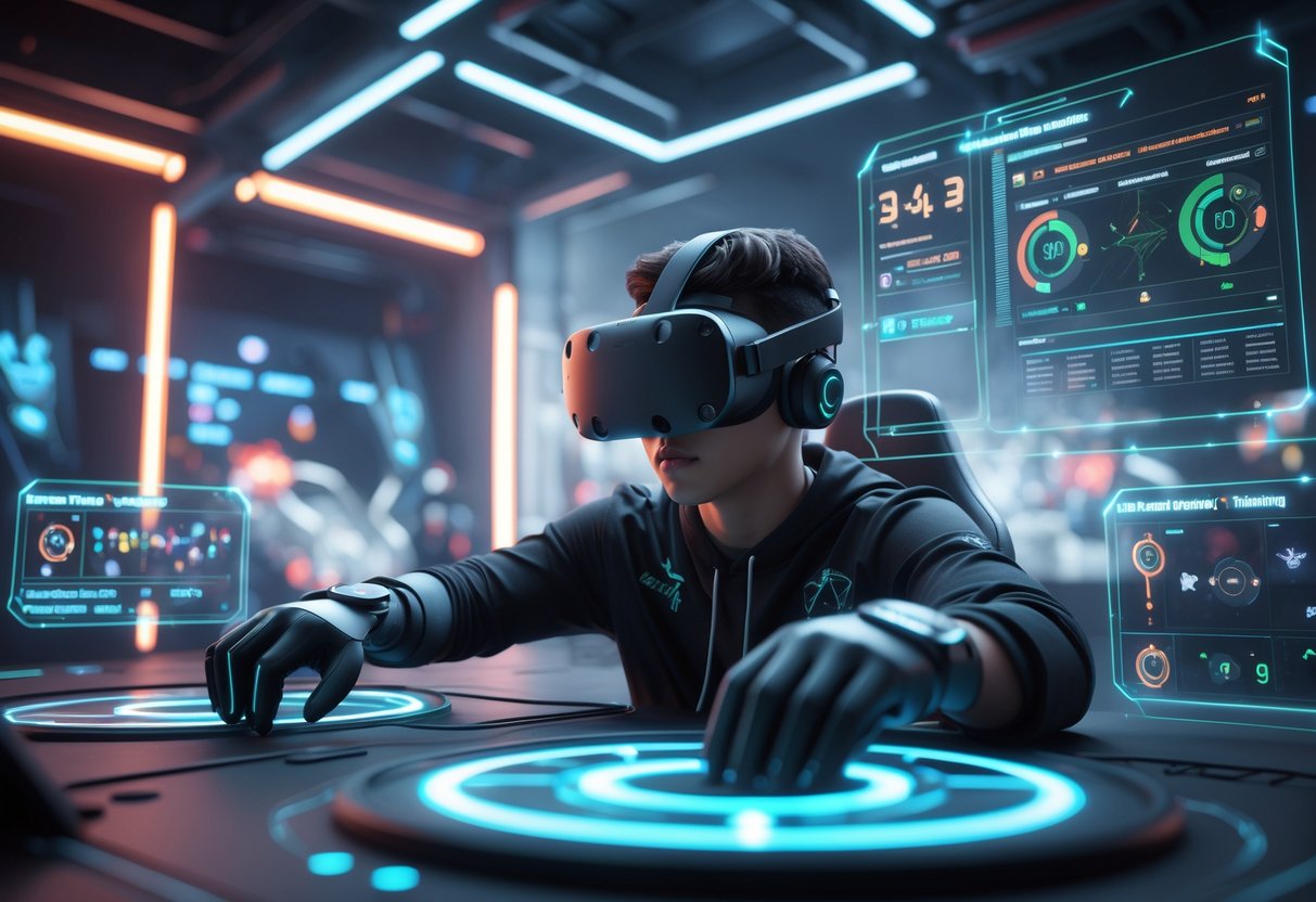 A person wearing a VR headset and gloves training in a high-tech virtual esports arena with holographic screens and digital targets around them.