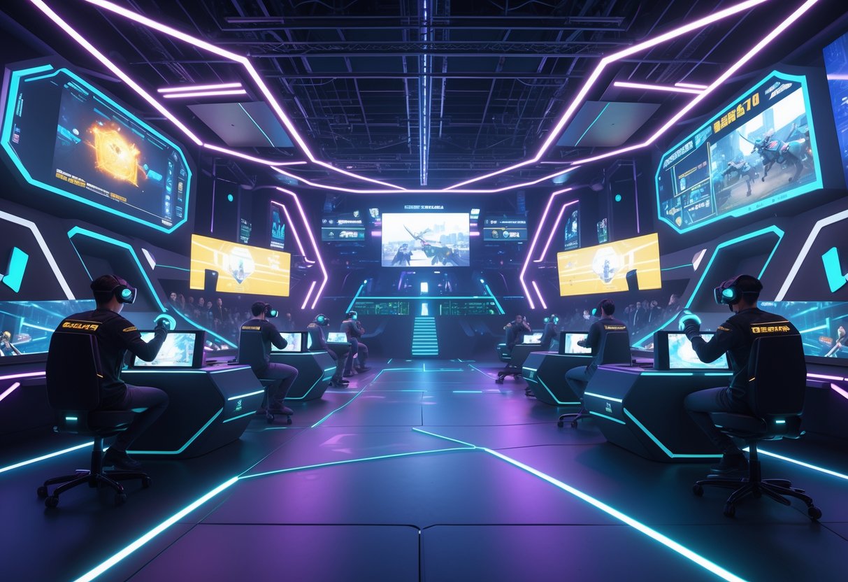 A futuristic esports arena with players wearing VR headsets competing in a virtual game, surrounded by high-tech gaming stations and large digital screens showing live gameplay.