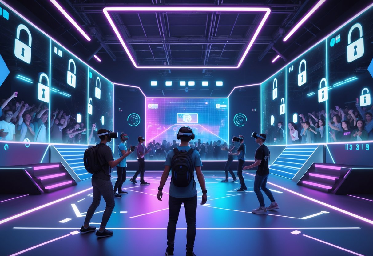 A 3D scene of a futuristic VR esports arena with gamers playing, surrounded by symbols representing cost and accessibility barriers.