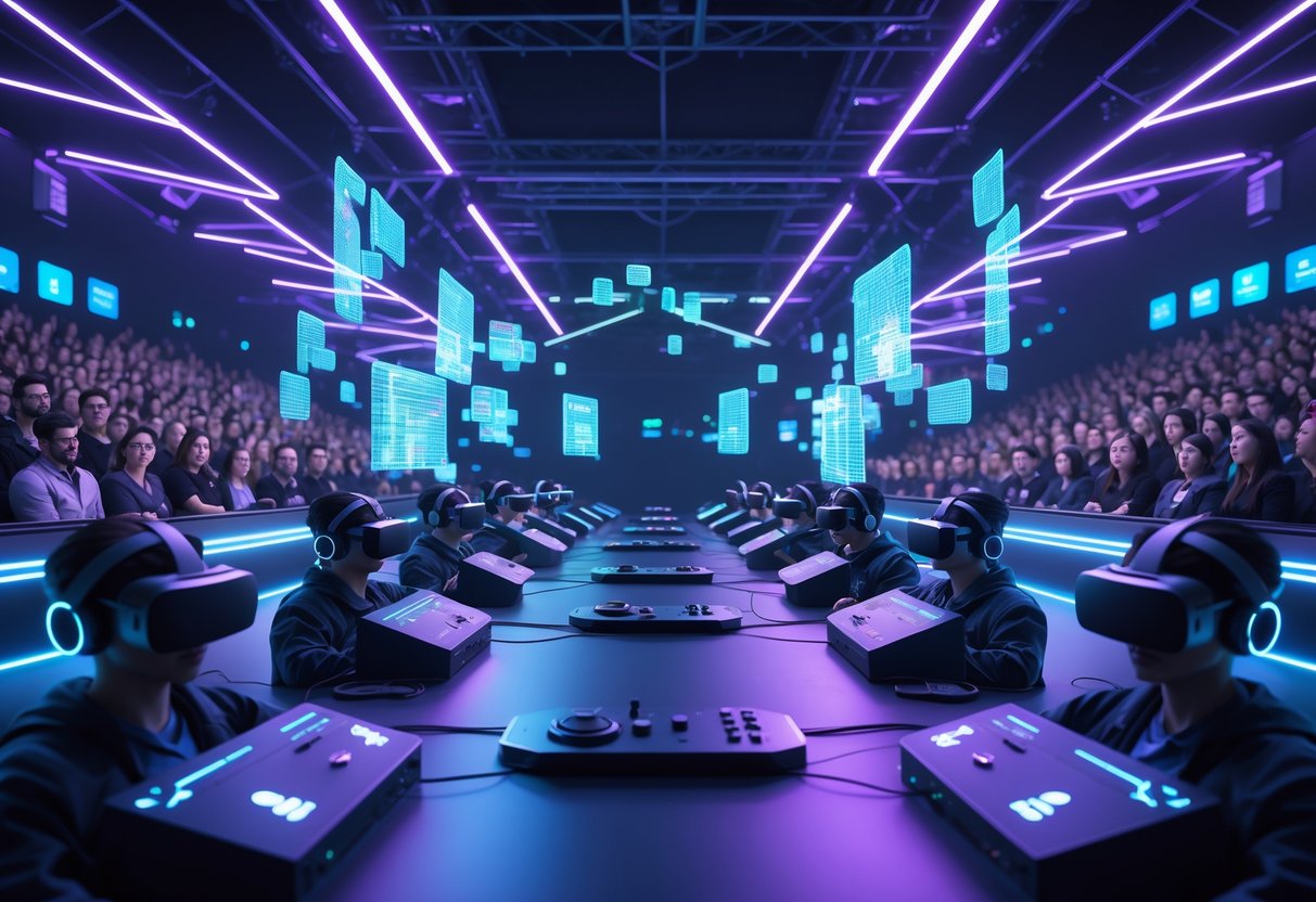 A futuristic esports arena with players wearing VR headsets competing, surrounded by digital barriers and glitch effects, with an audience showing mixed reactions.