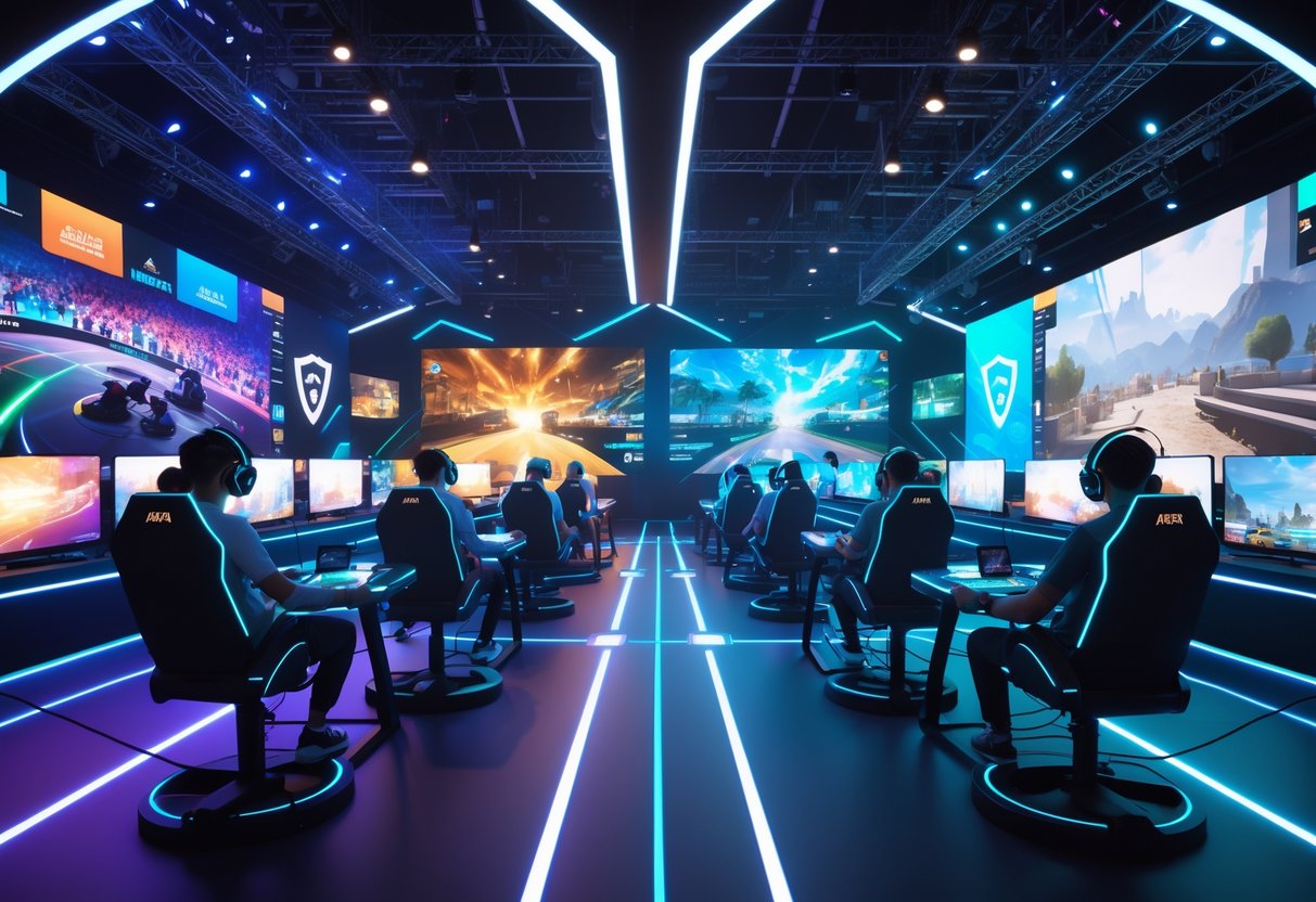 A futuristic esports arena showing traditional gamers on one side and virtual reality players on the other, with spectators and dynamic lighting around them.