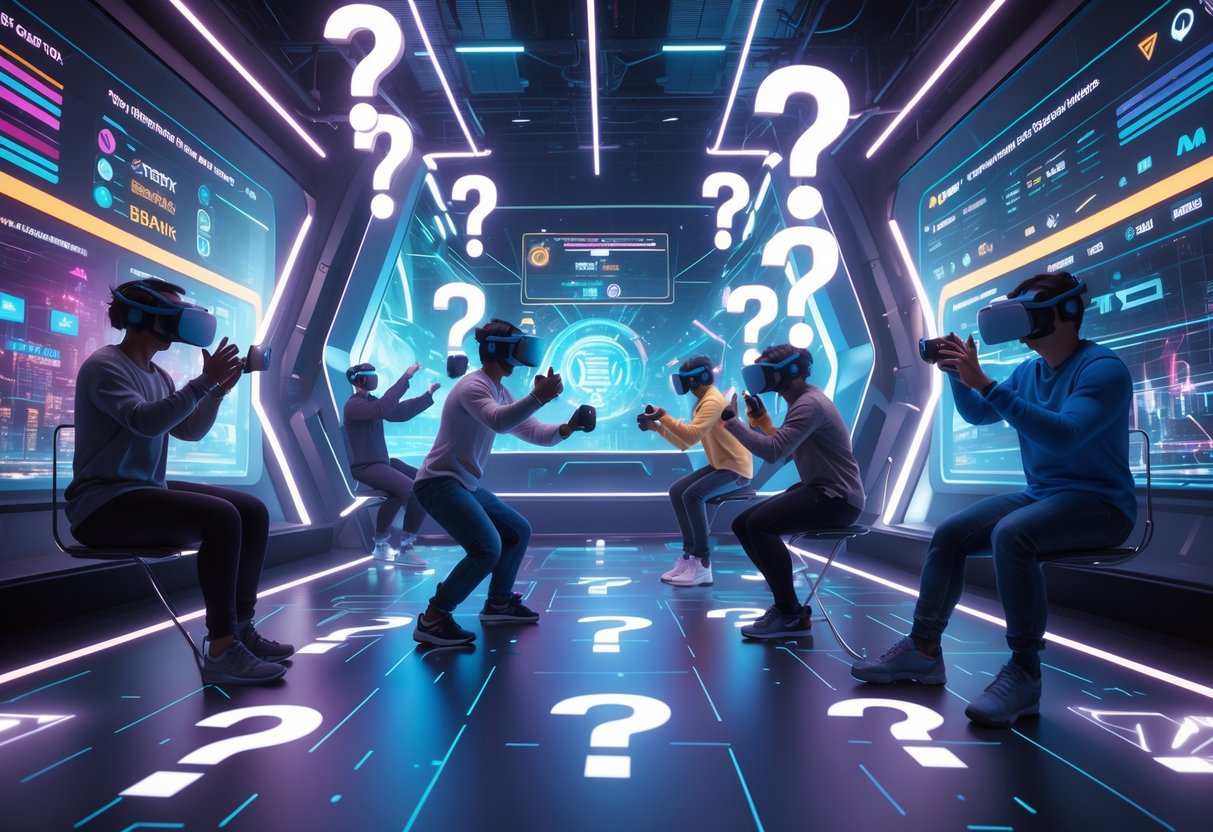 A futuristic virtual reality esports arena with players wearing VR headsets competing intensely amid holographic displays and digital interfaces.