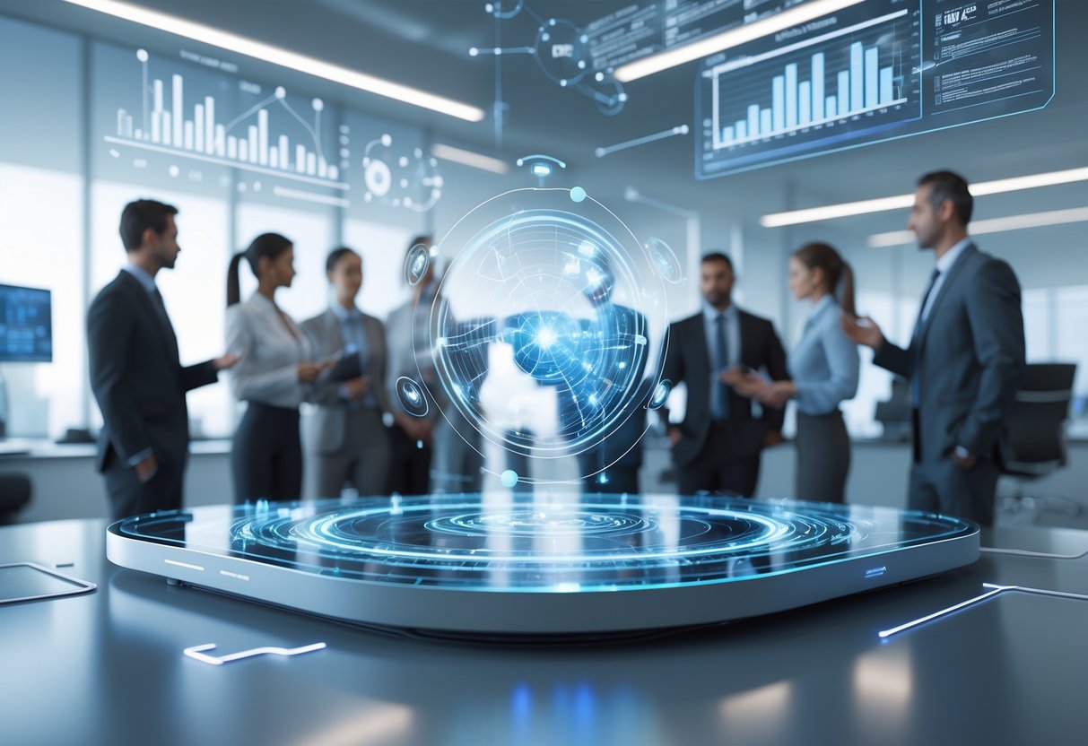 A modern office scene with business professionals collaborating around a glowing holographic table displaying a rotating 3D network model, surrounded by floating digital charts and graphs.