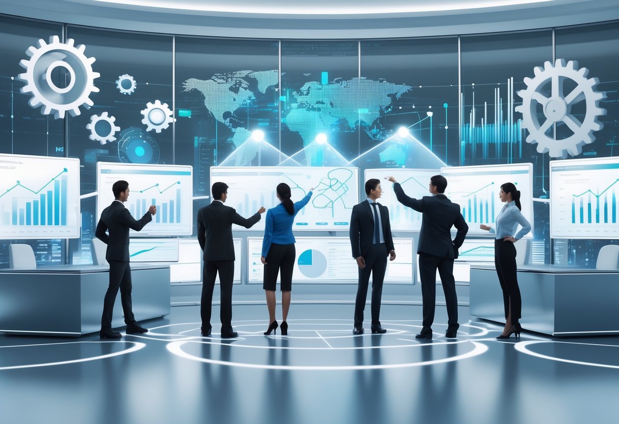 A modern office scene with business professionals interacting with digital screens showing graphs and diagrams, surrounded by abstract gears symbolising efficient business operations and momentum.