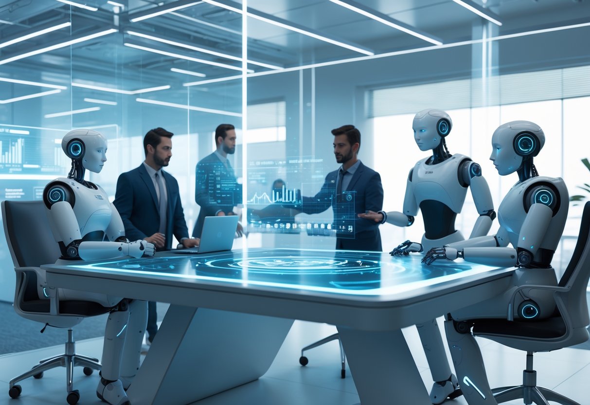 A futuristic office scene showing human professionals and humanoid robots working together around a digital table with holographic data displays.