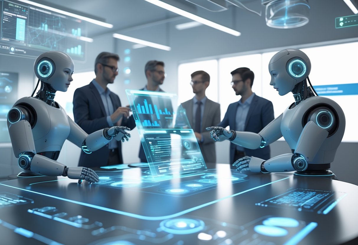 A group of humans and humanoid robots working together around a digital table displaying holographic data in a modern workspace.