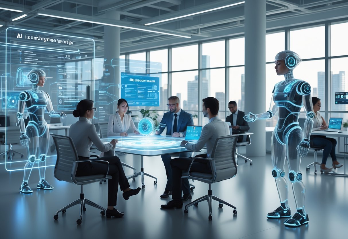 A modern office where people and transparent humanoid robots work together using holographic screens and digital interfaces.