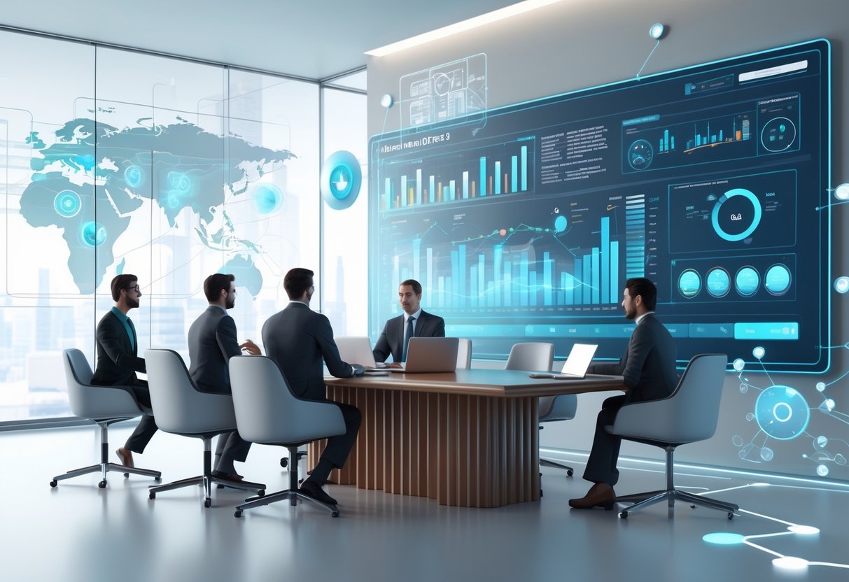 A modern office scene with business professionals collaborating around a table, digital charts and holographic data projections showing workflow and progress.