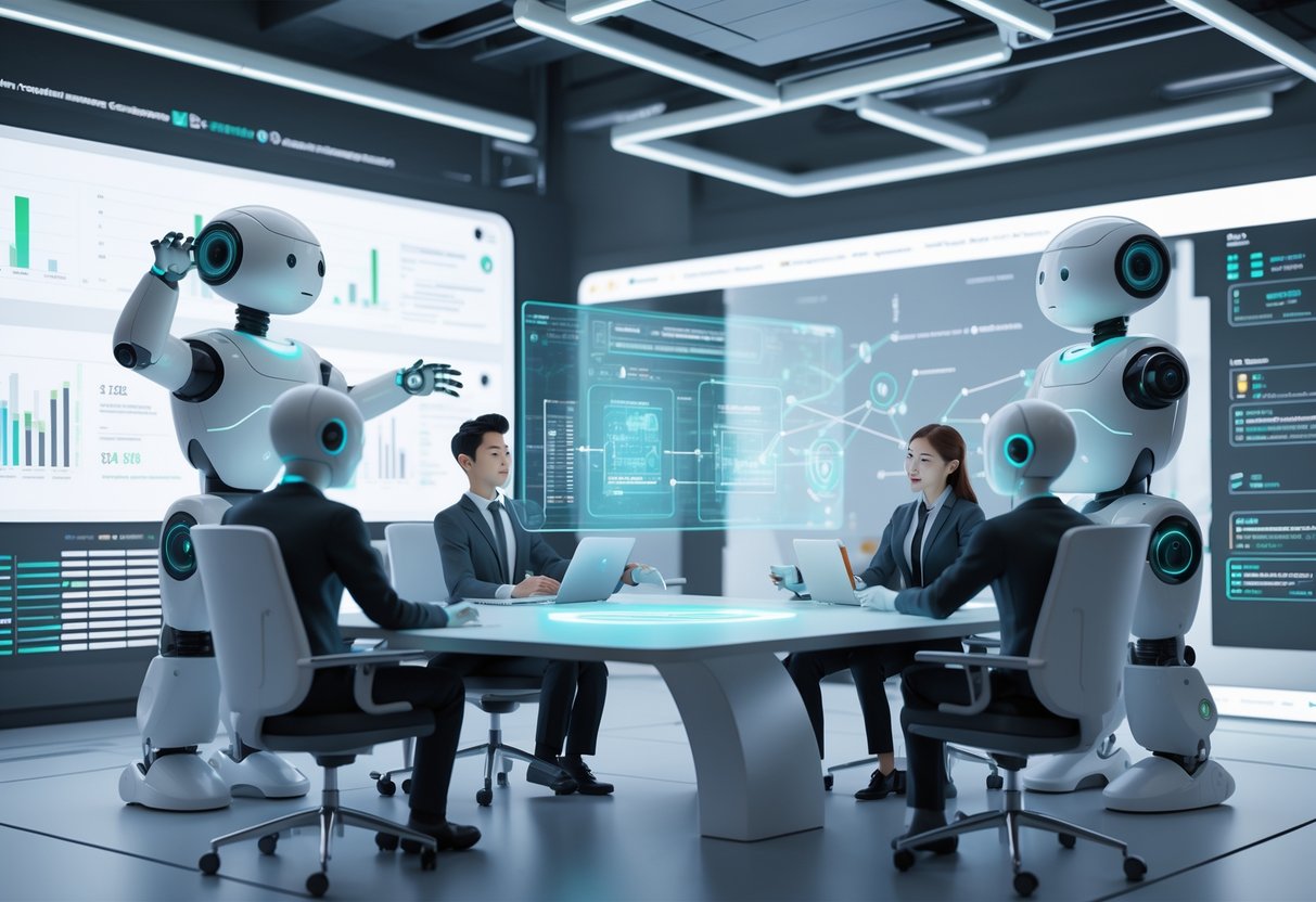 A modern office scene where human workers and humanoid AI robots collaborate around a table with holographic data displays, working together to improve workflow.