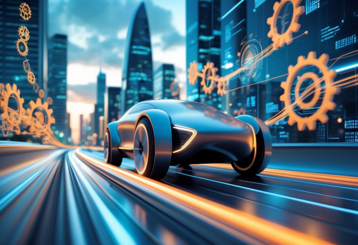 A futuristic vehicle driving on a winding elevated road surrounded by glowing gears and digital streams, with a city skyline in the background symbolising progress and growth.