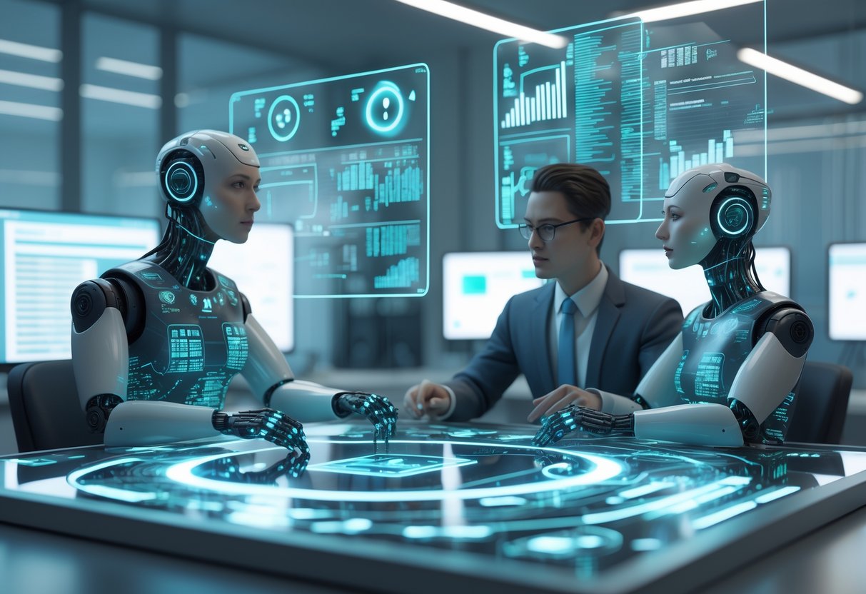 A futuristic office where human workers and humanoid robots collaborate around a digital table displaying holographic data and symbols indicating challenges.
