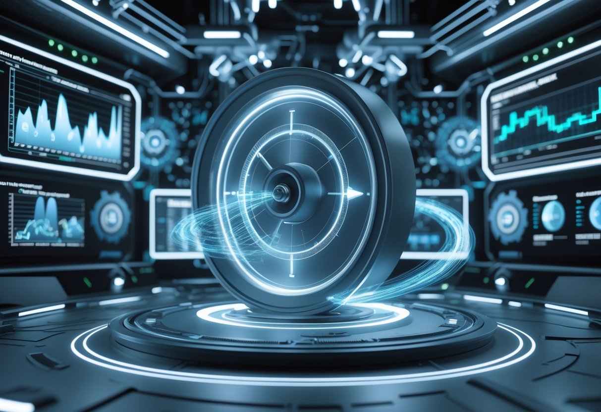 A futuristic control room with a glowing rotating momentum wheel surrounded by digital charts, data streams, and interconnected nodes representing process optimisation and momentum management.