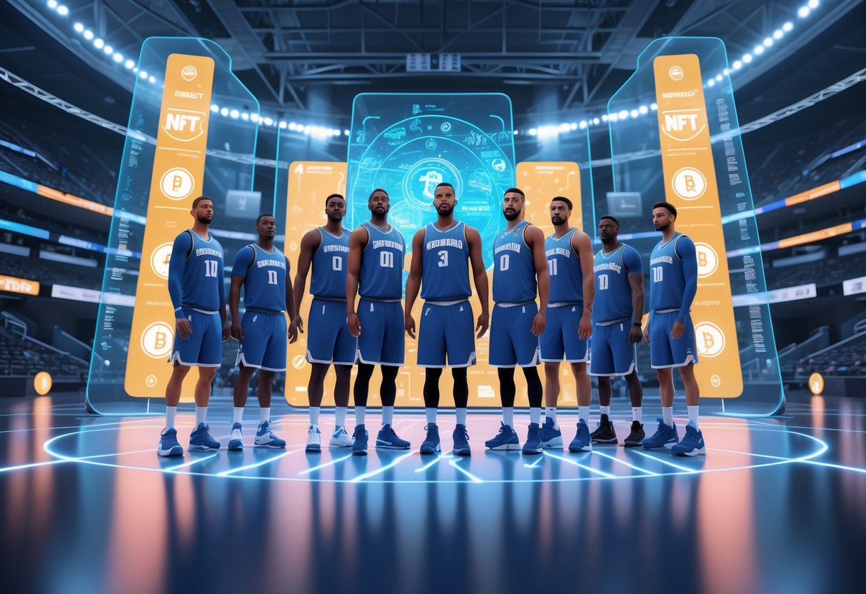 A group of athletes standing together in a futuristic sports arena surrounded by holographic digital displays representing NFT tokens and blockchain technology.