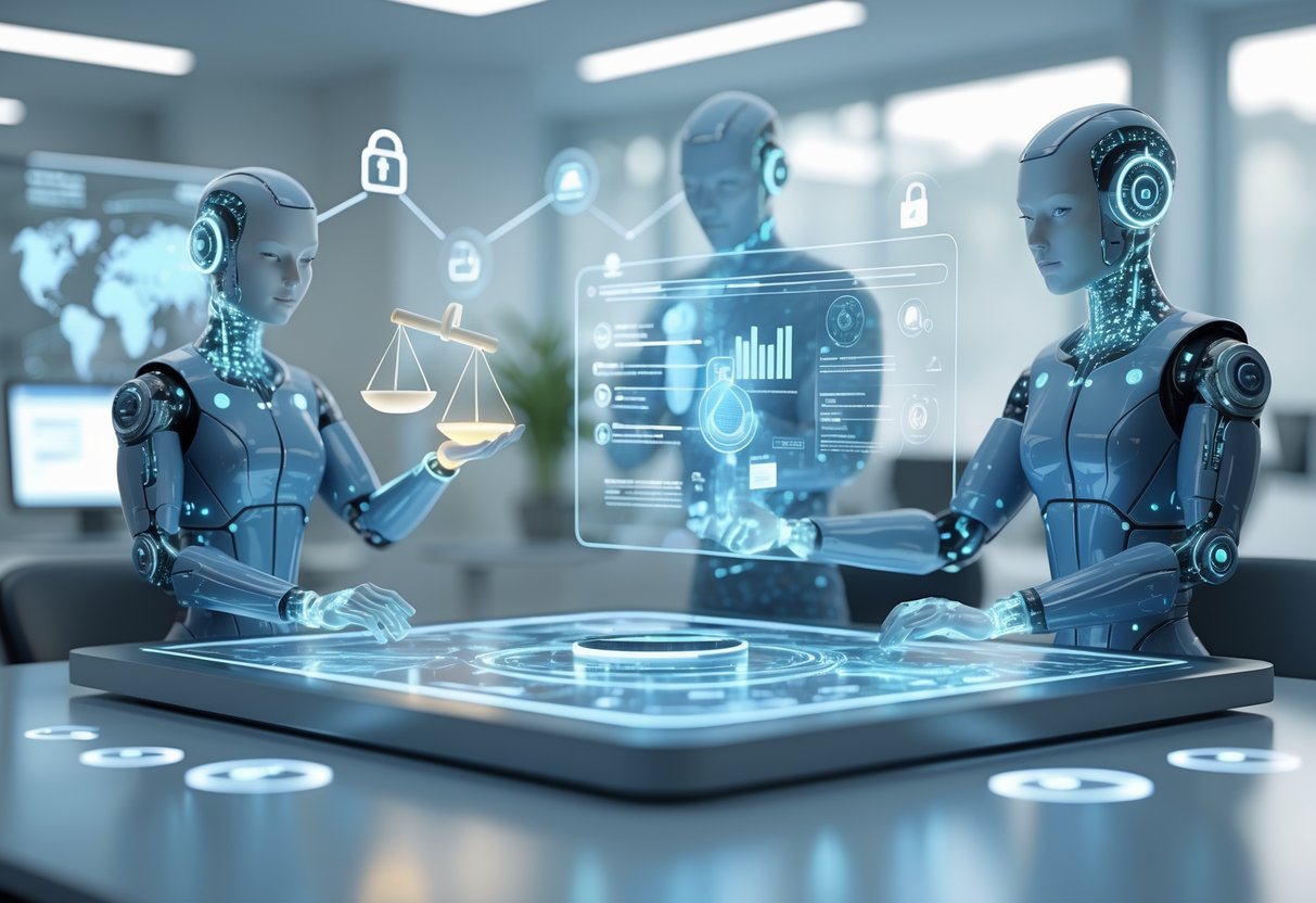 A group of humanoid AI figures working together around a holographic table displaying data streams, with symbols representing ethics, transparency, and data responsibility in a modern office setting.