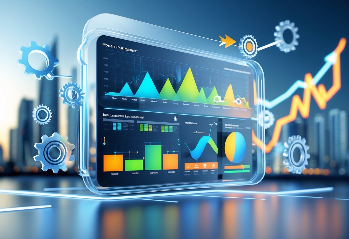 A 3D scene showing a digital dashboard with graphs and charts floating above a cityscape, surrounded by holographic gears and arrows symbolising business progress and momentum.
