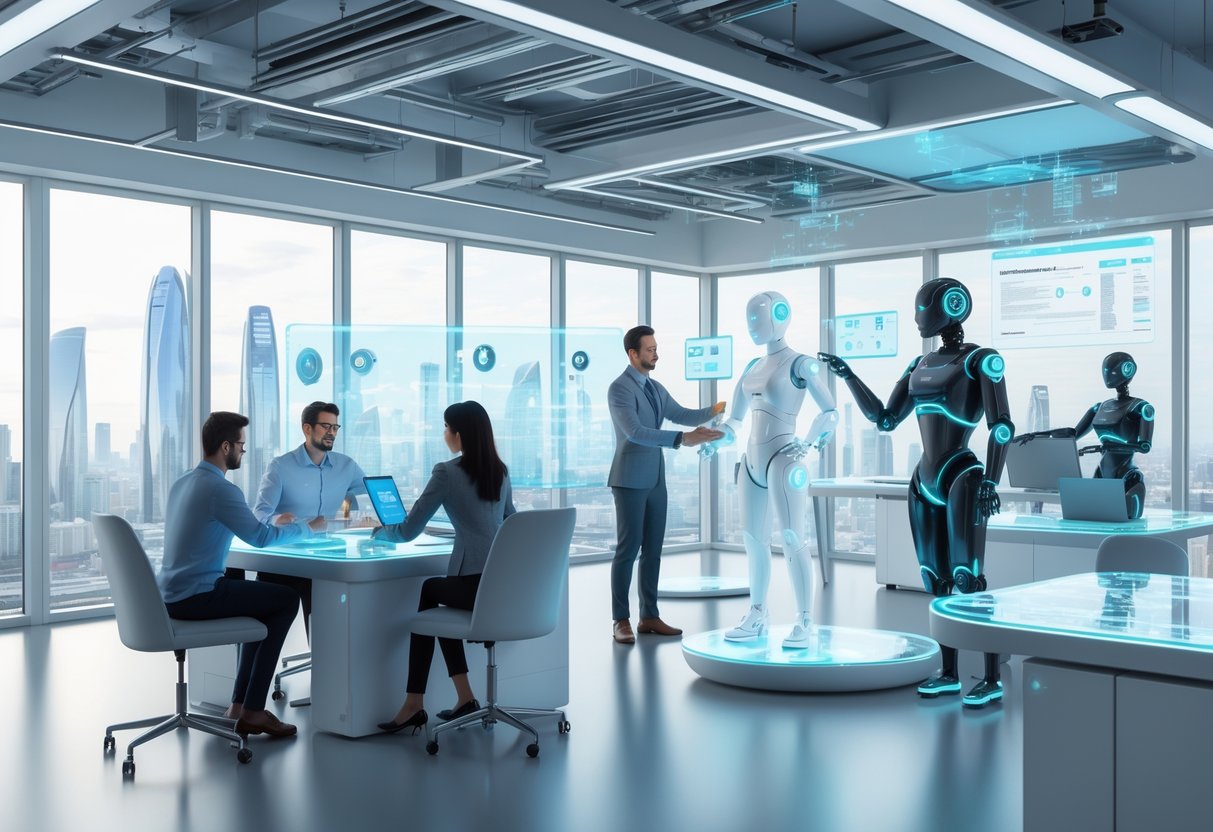 A futuristic office where human workers collaborate with humanoid robots and holographic AI assistants around digital workstations.