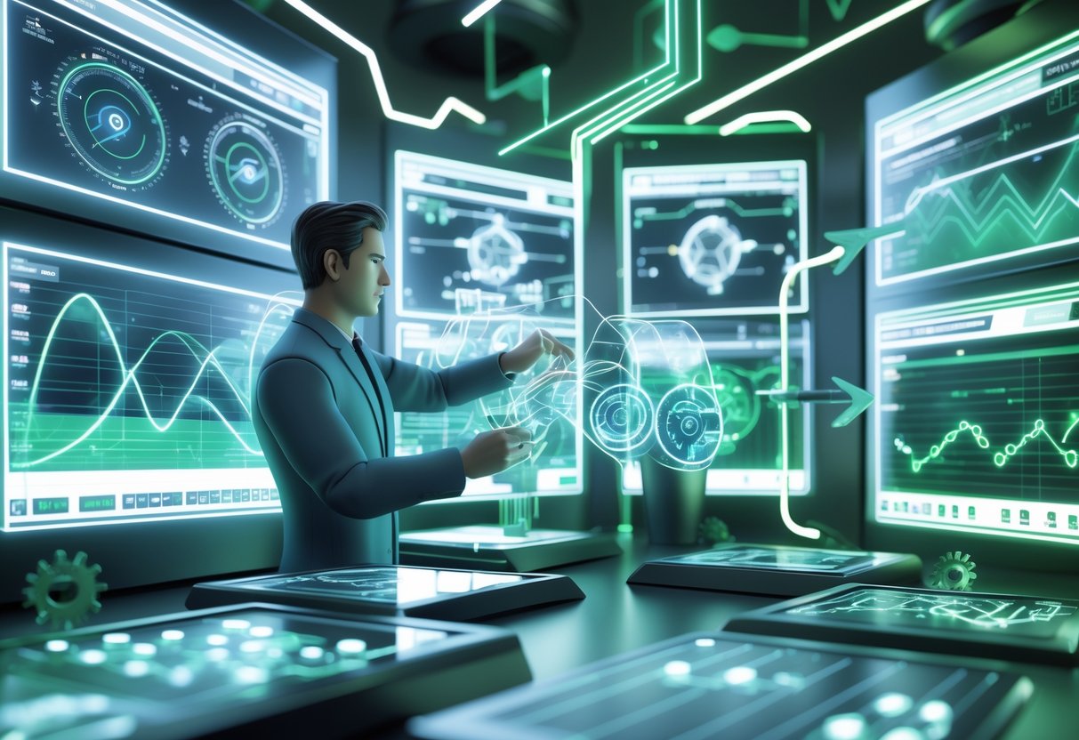 A person in a futuristic control room interacts with holographic screens showing data and graphs about momentum, surrounded by flowing energy waves and gears symbolising problem-solving.