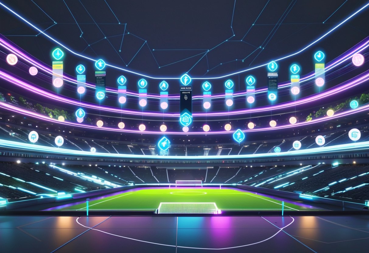 A futuristic sports stadium with several glowing tiers and floating holograms representing different levels of team ownership.