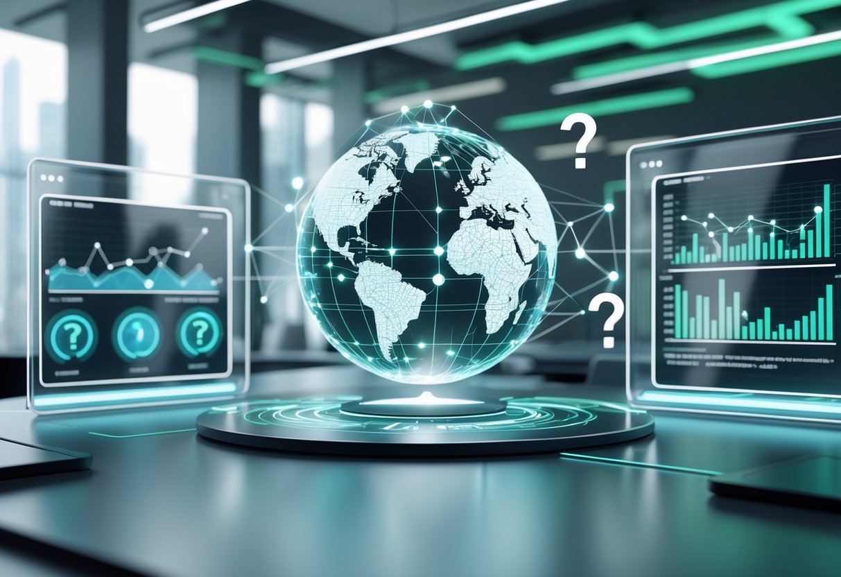 A futuristic office scene with digital screens showing graphs and a glowing holographic globe with connected nodes, surrounded by floating question marks.