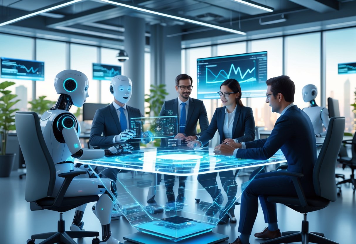 A group of humanoid robots and humans working together around a holographic table in a modern office with advanced technology and city views outside large windows.