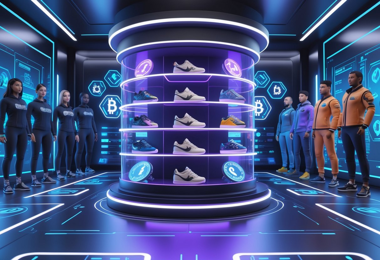 A digital vault filled with exclusive merchandise and holographic NFT tokens, with a team of avatars standing behind it.