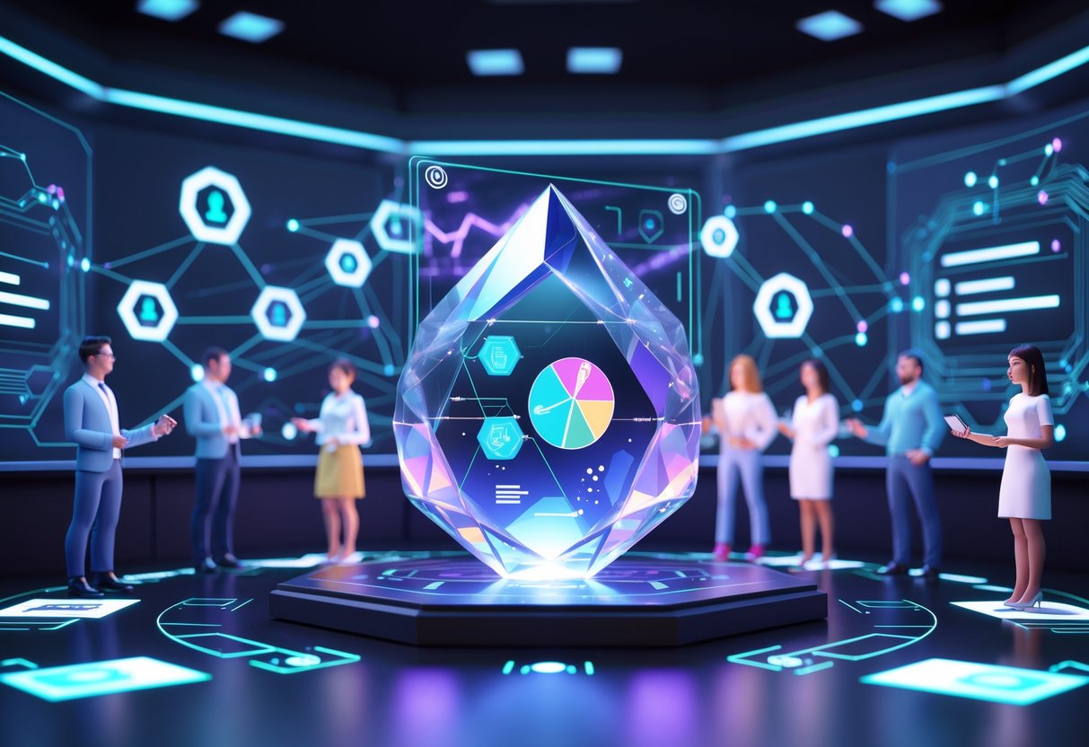 A digital boardroom with holographic interfaces showing team members connected by glowing nodes around a central orb projecting graphs, representing voting rights and decision-making power in NFT team ownership.