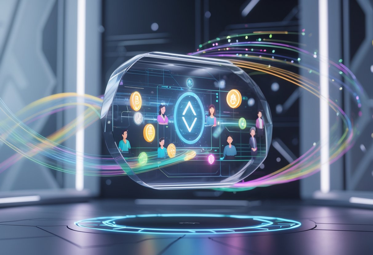 A futuristic digital space showing glowing holographic NFT tokens and avatars connected by light trails, representing collaboration and unique experiences for NFT owners.