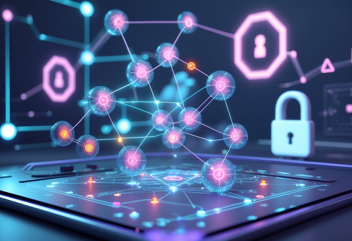 A futuristic digital workspace showing connected team members with some highlighted warning signs and floating blockchain and lock symbols in the background.