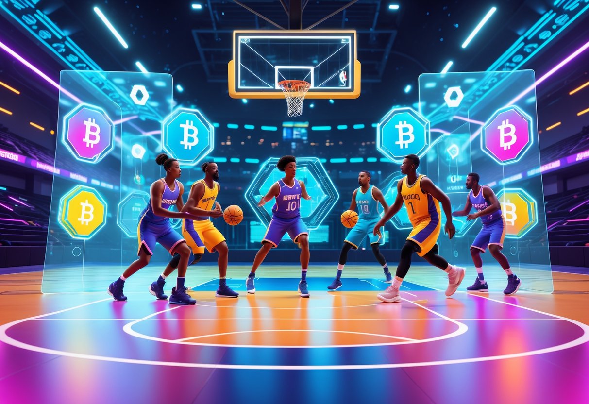 A futuristic basketball court with players in action surrounded by glowing digital panels representing blockchain and NFT ownership.