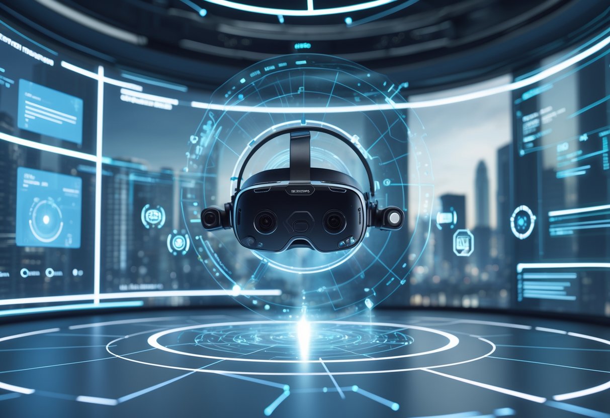 A futuristic control room with holographic displays and an AR headset surrounded by digital elements representing augmented reality technologies.